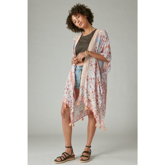 Lucky Brand Womens Kimono One Size Peach Multi Boho Print Beach Coverup Fringe - Picture 2 of 11